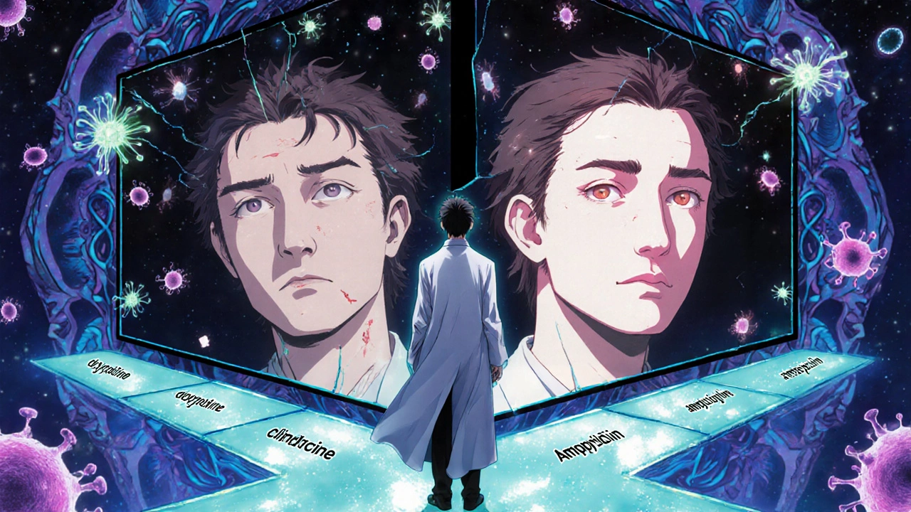 A doctor at a crossroads of antibiotic pathways, with a fractured mirror reflecting patient outcomes in celestial light.