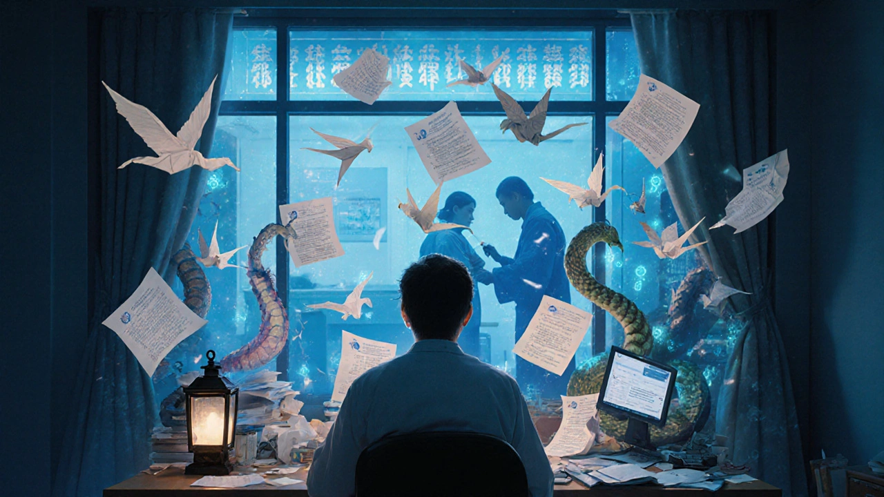 A doctor surrounded by transforming documents under a lantern, with a patient receiving treatment in the background.