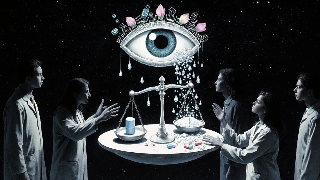 A floating medical altar with lithium balanced against water, salt, and pills, watched by a giant eye in delicate ink and gold leaf style.