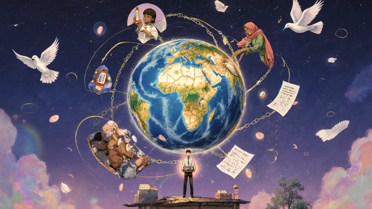 A globe connected by golden threads to pill bottles and patients worldwide, with a pharmacist holding a glowing toolkit in a symbolic pharmacy scene.