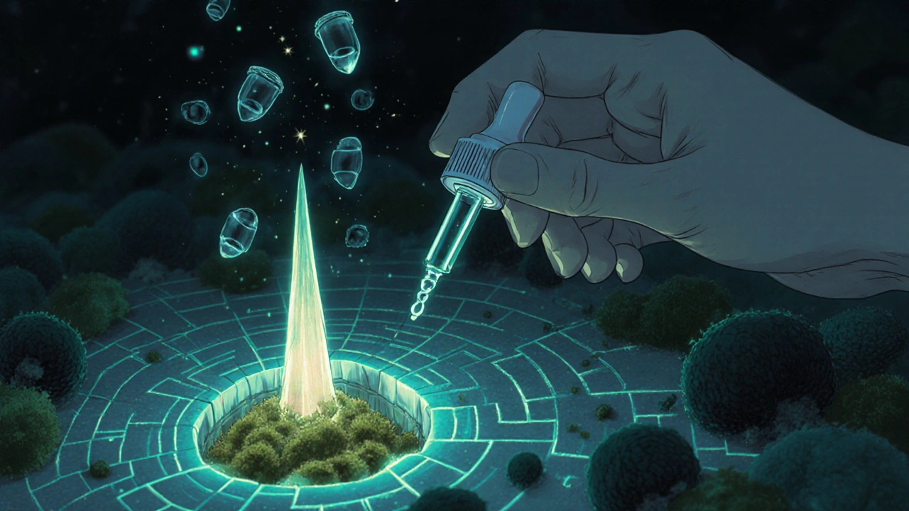 A glowing ear canal being treated with medicinal particles, an ear wick glowing like a spire in a mystical tunnel.