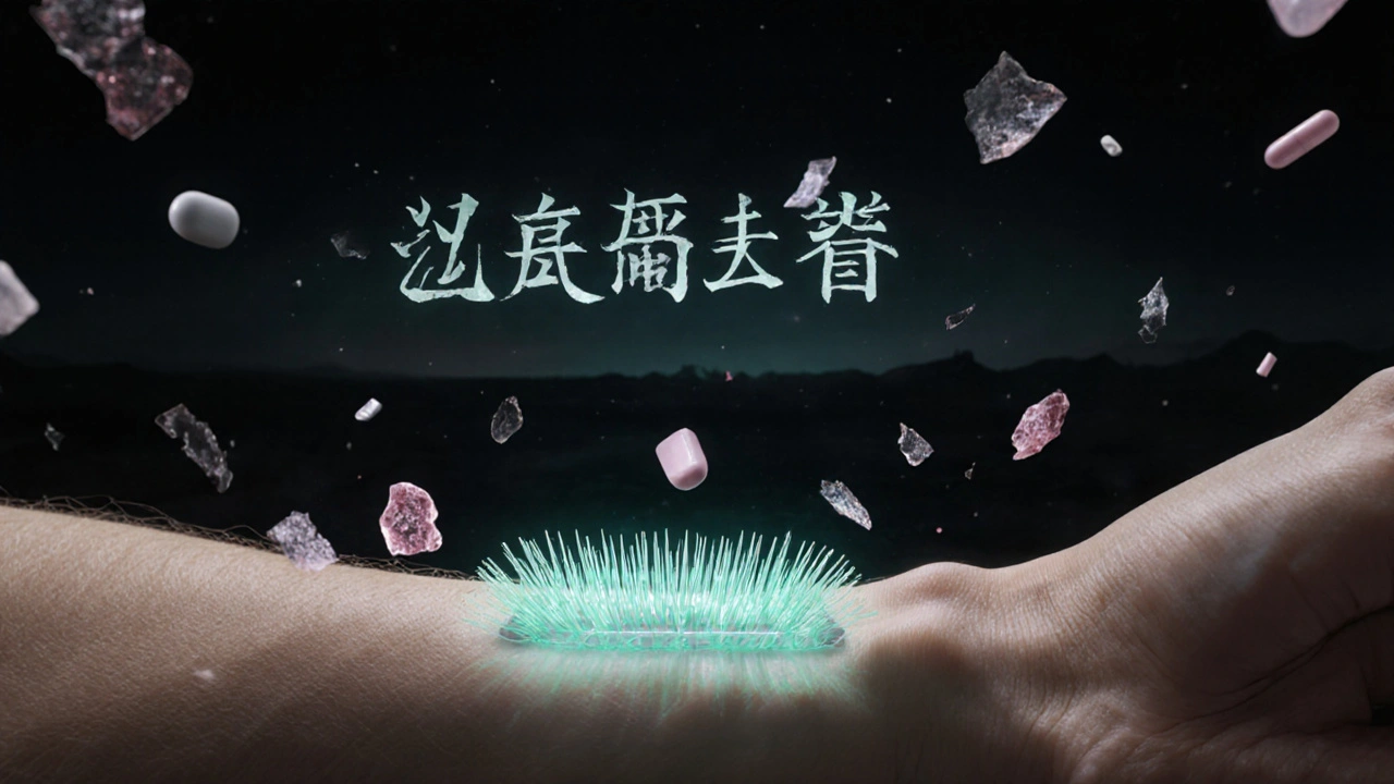 A glowing microneedle patch delivering medicine into skin, with dissolving pills and cherry blossoms symbolizing future therapy.