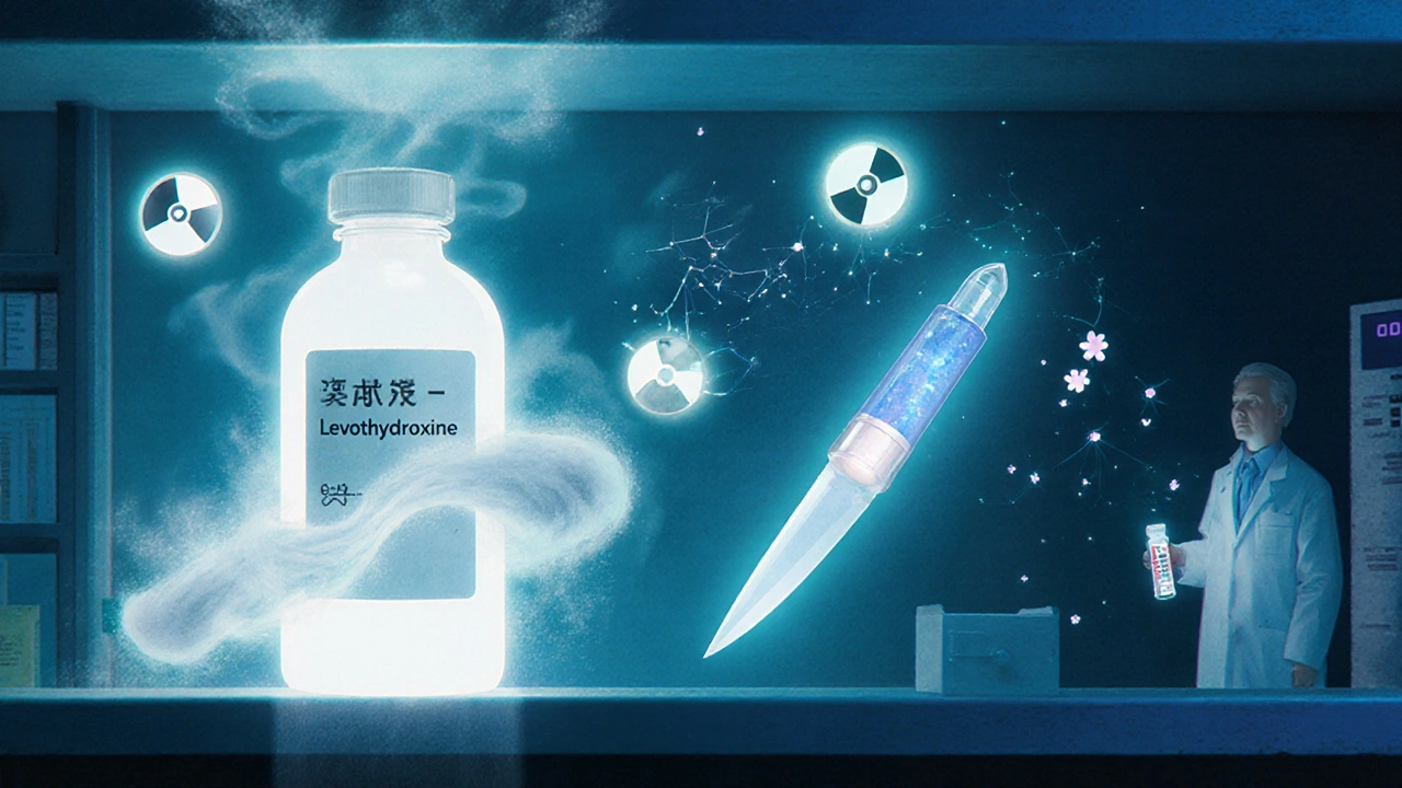 A mystical pharmacy with thyroid treatments glowing softly, surrounded by floating symbols of diagnosis and care.