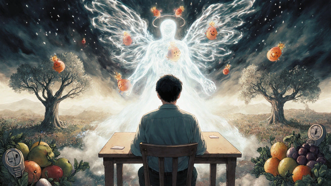 A patient at a kitchen table with a surreal shadow landscape of glucose trees and gentle DPP-4 inhibitor spirits protecting them from insulin spikes.