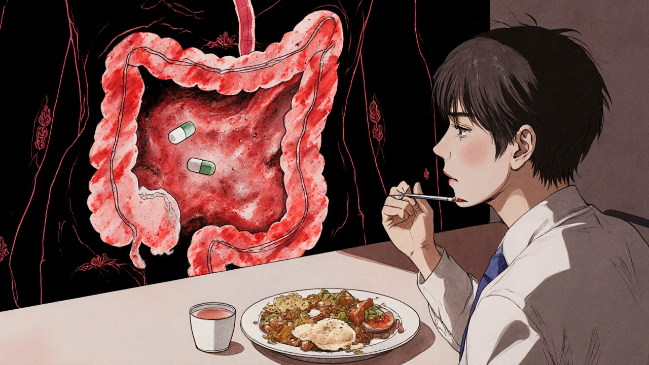 A patient at breakfast while their gut glows with inflammation and shifting pH gradients affecting a medication.