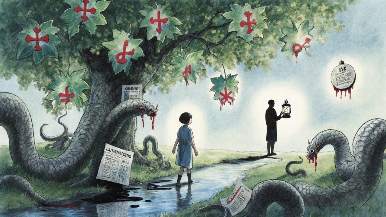 A patient walking safely under acetaminophen leaves, while shadowy NSAID serpents drain blood into a river.