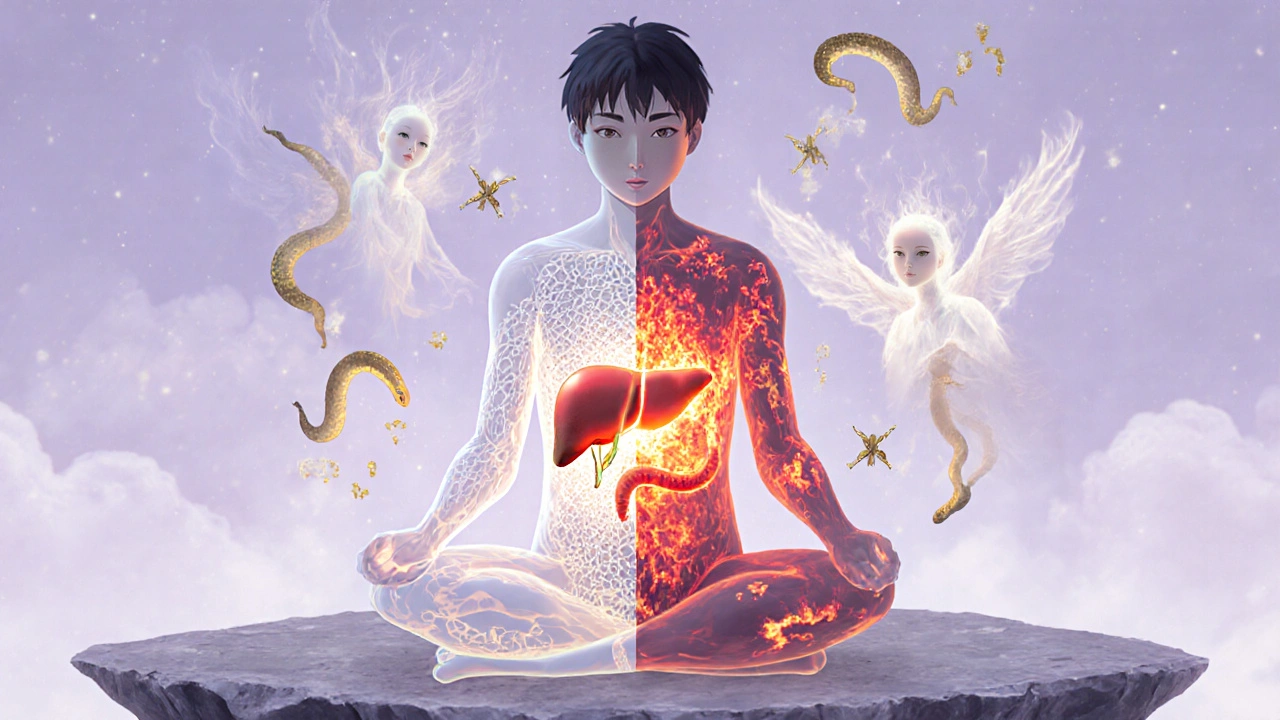 A patient with a glowing liver showing dual autoimmune damage, surrounded by ghostly antibodies.