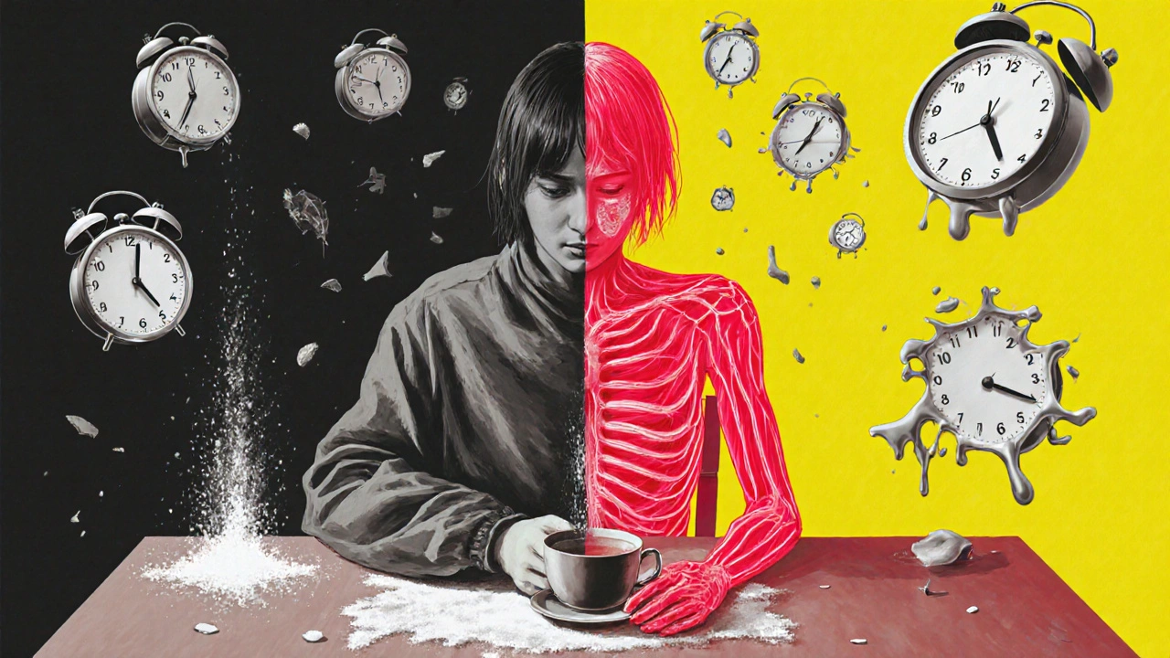 A person split between cold stillness and energetic chaos, representing hypothyroidism and hyperthyroidism.