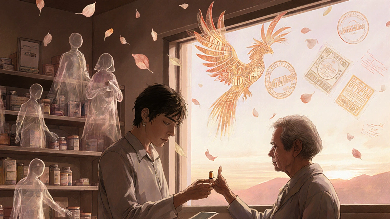 A pharmacist hands a generic pill to an elderly patient as faded brand drugs turn to petals, with FDA stamps rising as a phoenix.