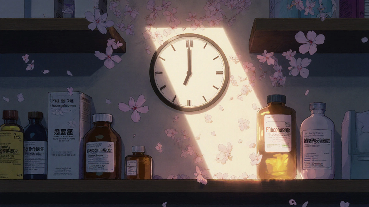 A pharmacy shelf at dawn with glowing medications, a clock showing timing, and falling cherry blossoms.