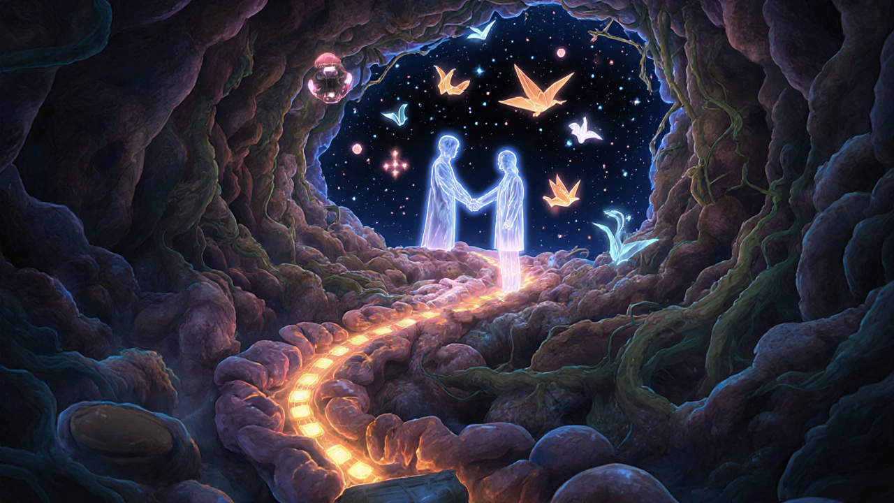 A sensor capsule travels through the intestines, leaving data constellations as drug formulations float like origami cranes.