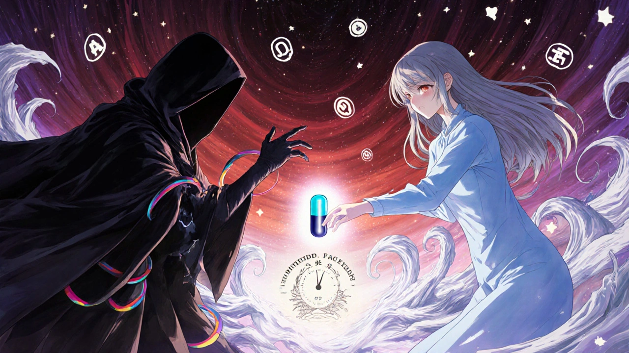 A spectral battle between two drug figures: one draining energy, the other guiding a capsule through acid waves.