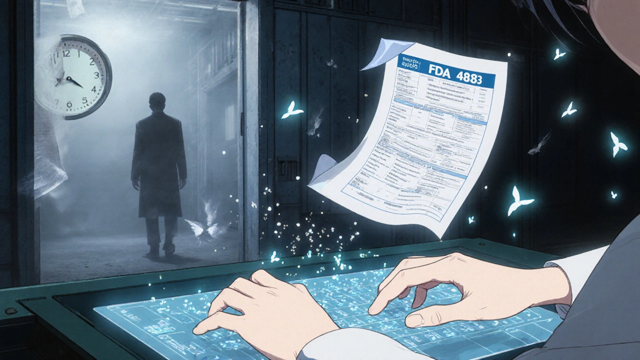 A technician&#039;s hands entering data with glowing timestamps, a Form 483 hovering nearby, in soft, painterly anime style.
