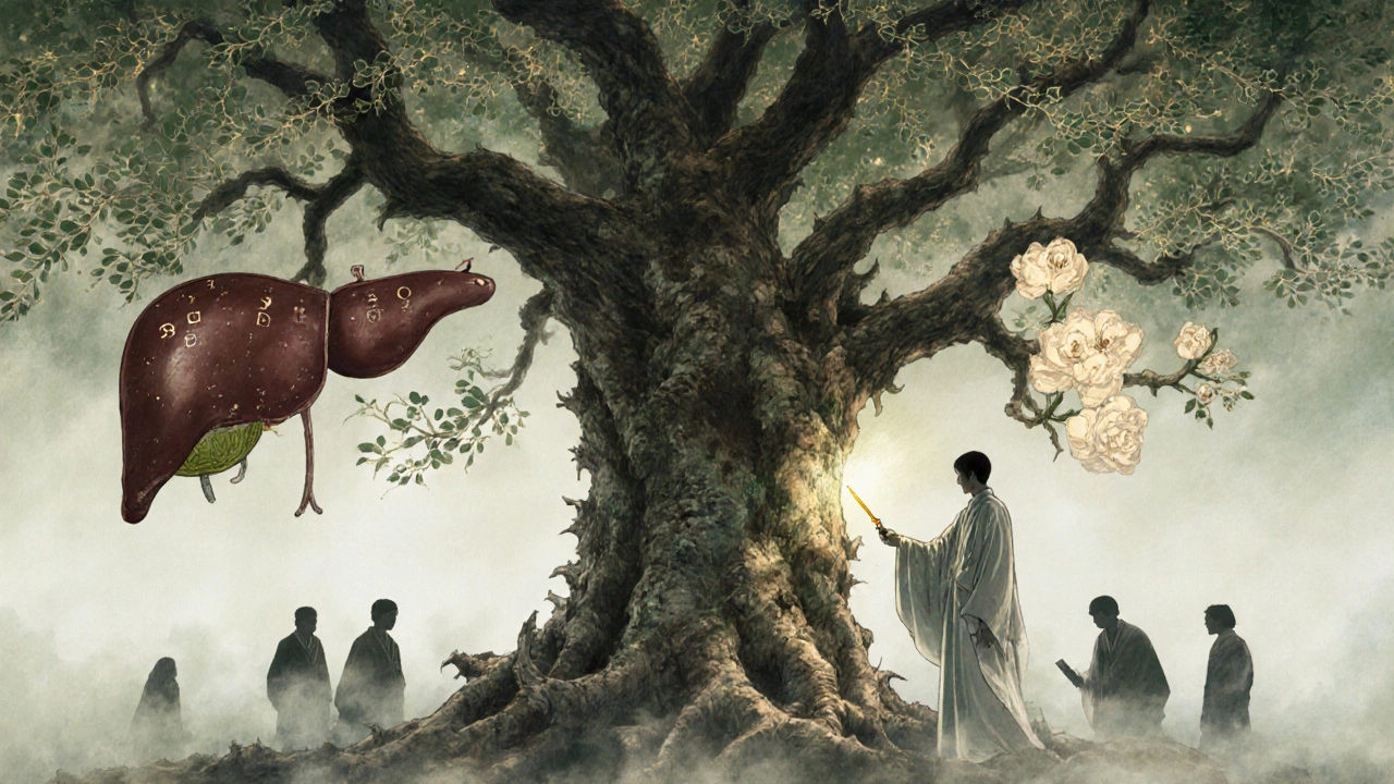 An ancient tree growing from a liver root, symbolizing PBC, PSC, and AIH overlap in delicate detail.