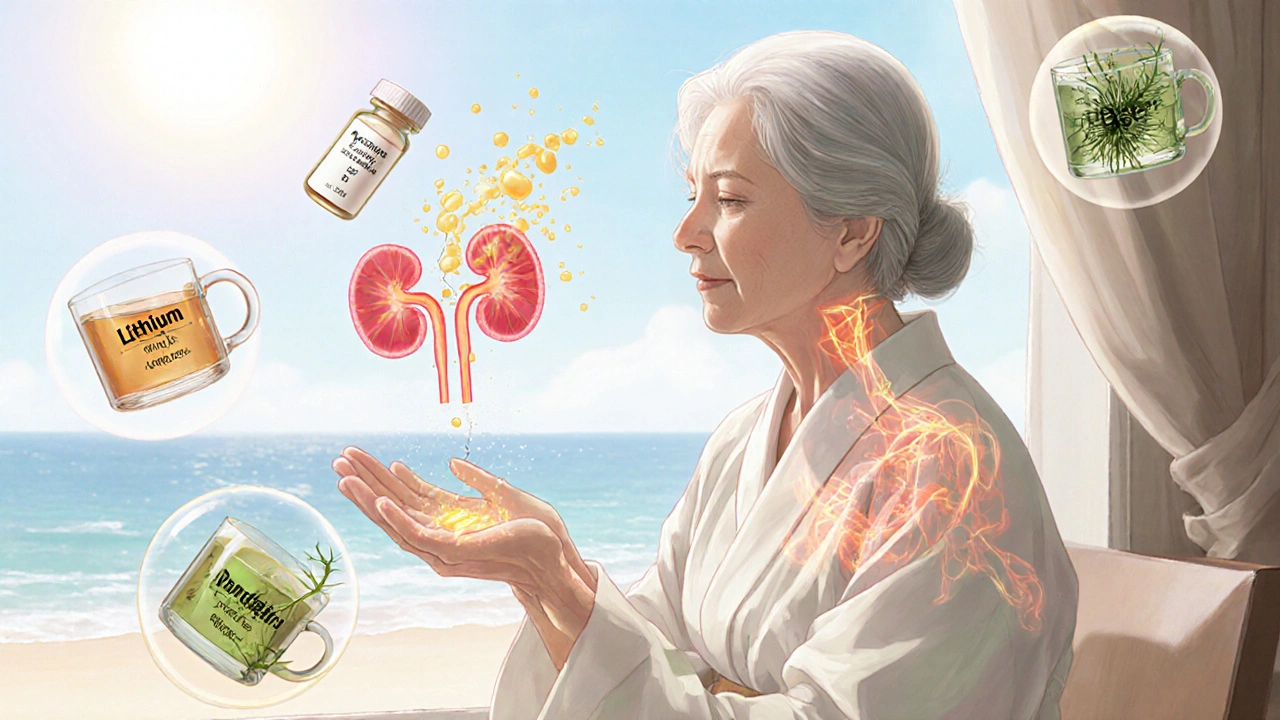 An elderly woman by a beach, her body revealing swirling lithium and sodium atoms, with herbal teas emitting toxic mist in soft watercolor tones.