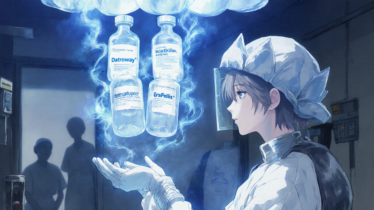 An oncology technician in a flowing gown handling shimmering hazardous cancer drugs, with spectral vapors and a lotus-shaped safety hood in a moonlit room.