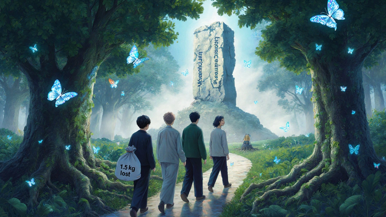 Diverse people walking through a dreamlike forest with pill-shaped leaves and butterflies of glucose, as a symbol of weight loss and metabolic balance.