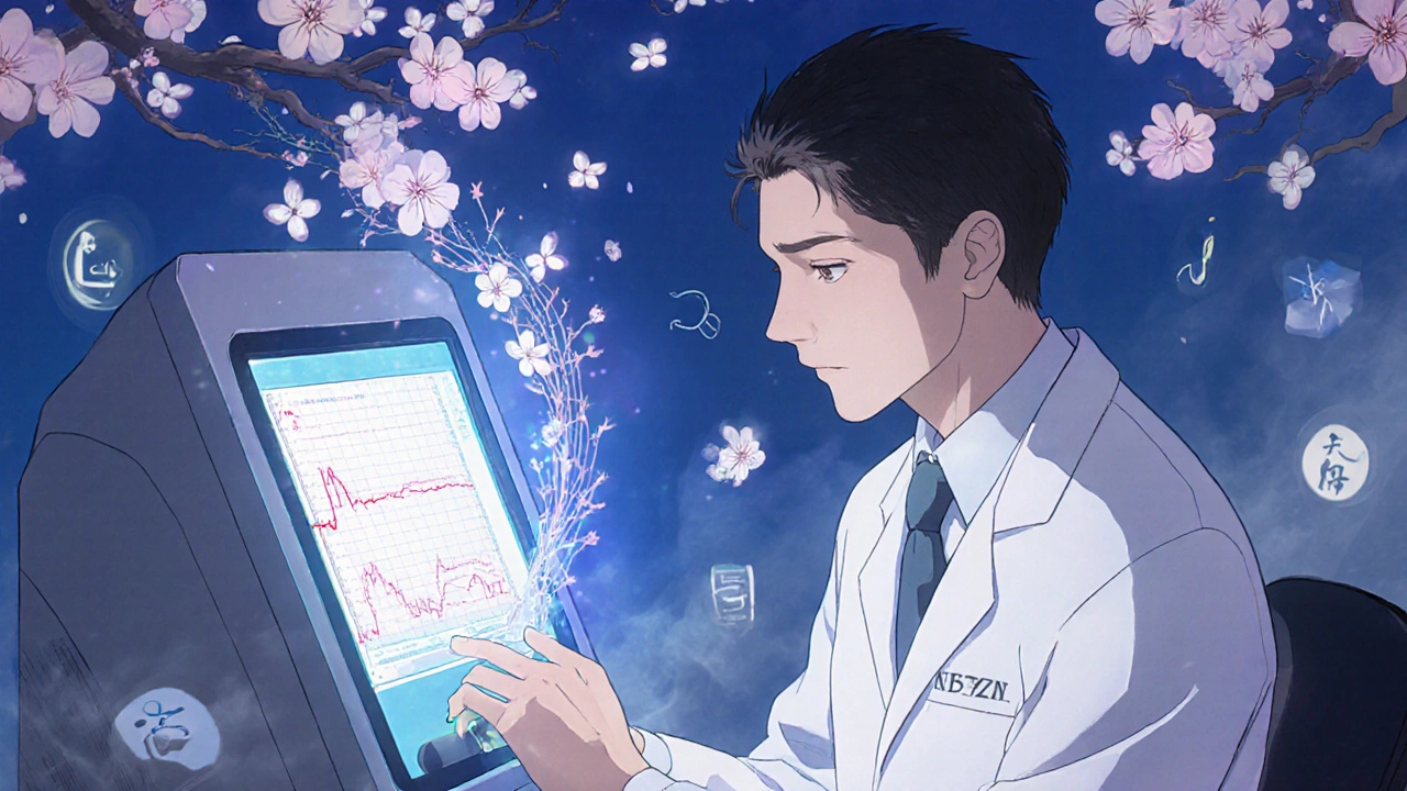 Doctor examining patient as medical data turns to thorns and blooming petals.