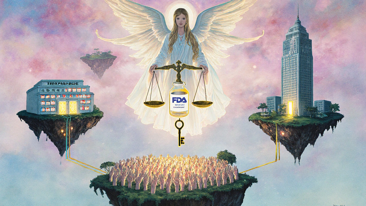 Floating islands representing healthcare components connected by a celestial figure balancing medicine and safety.