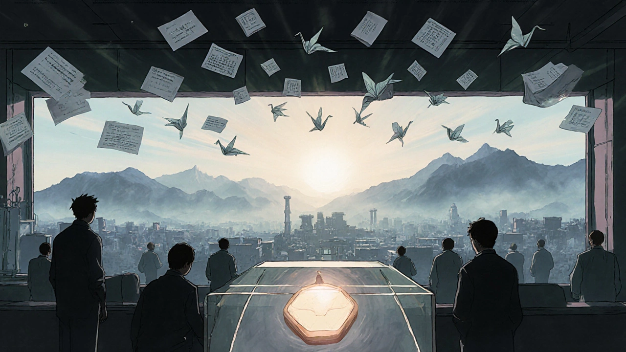 Foreign factory under dawn light as digital compliance records rise like cranes, with a glowing pacemaker below, in Yoshitaka Amano&#039;s signature aesthetic.