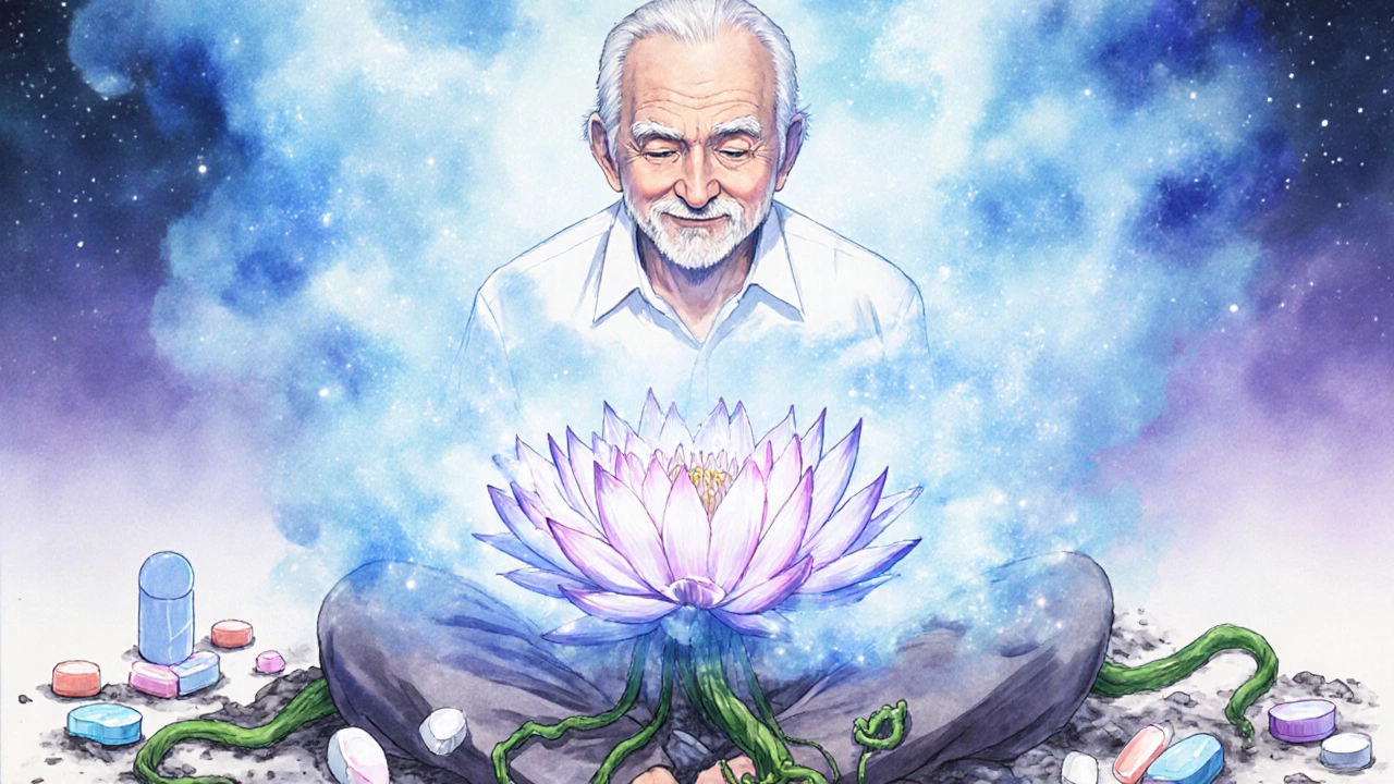 Man at peace as beta-3 agonist mist transforms bladder into a glowing lotus.