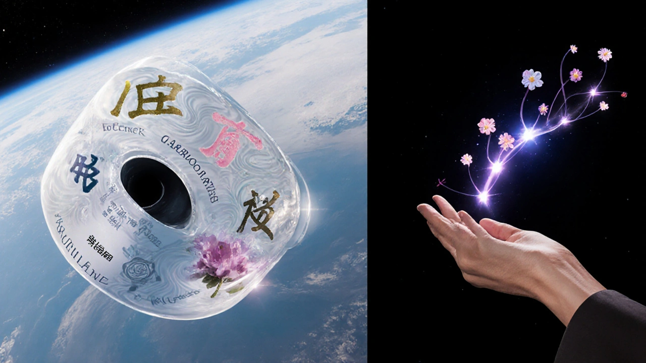 Medical bracelet dissolving into drug symbols, surrounded by a glowing desensitization path toward a single bloom.