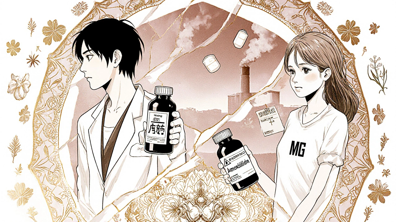 Neurologist, pharmacist, and patient in mandala panels with medical symbols, amoxicillin vial glowing, delicate ink-style art.