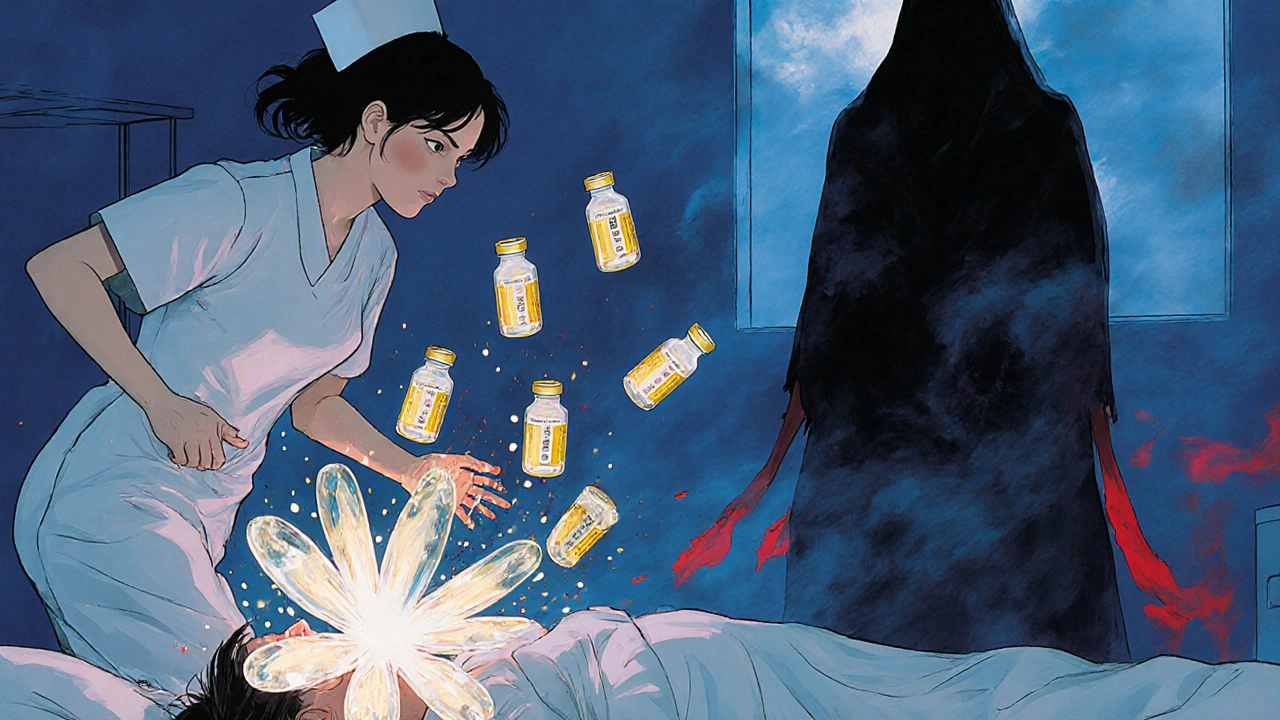 Nurse rushing to help patient as epinephrine blooms into crystalline flowers, shadows of doom behind.