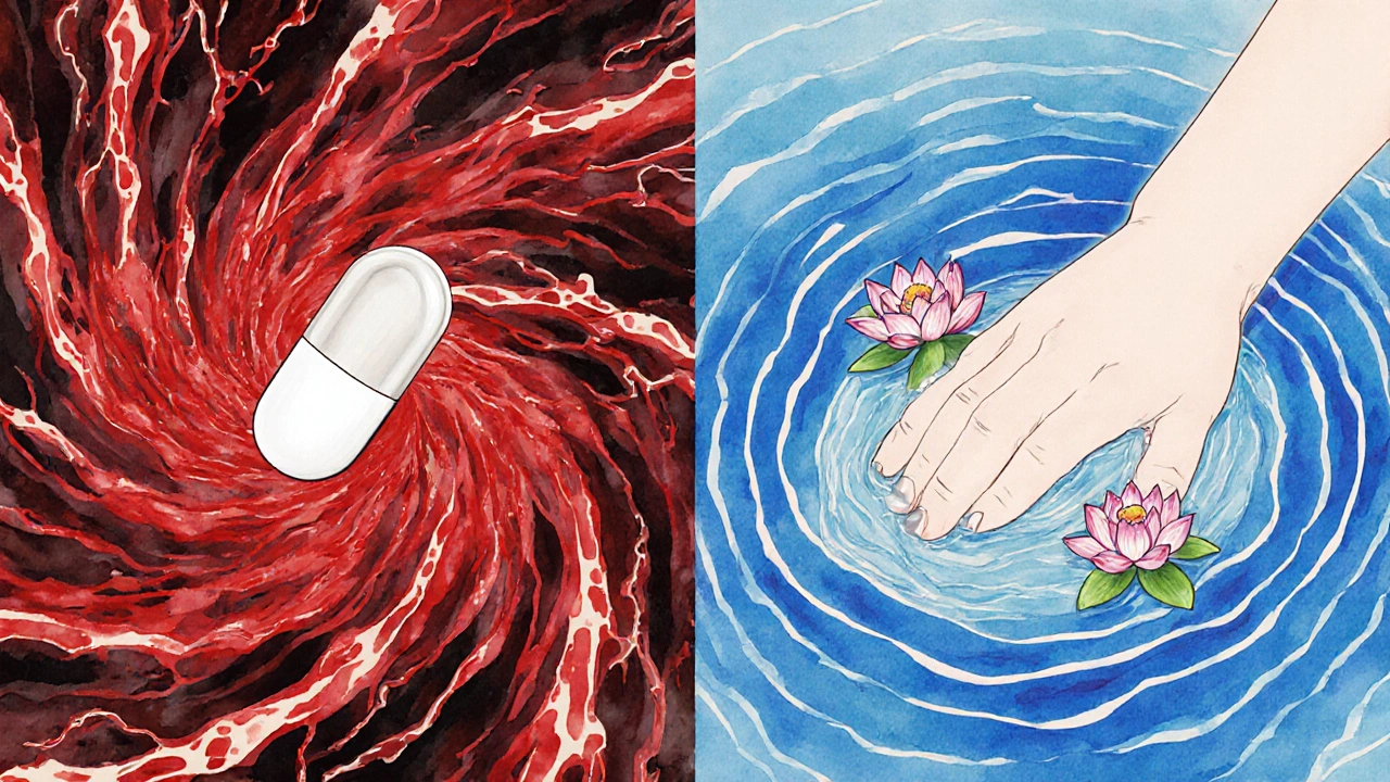 Split scene: a pill flooding the body with danger vs. cream soothing just the joint in dreamlike Yoshitaka Amano art.