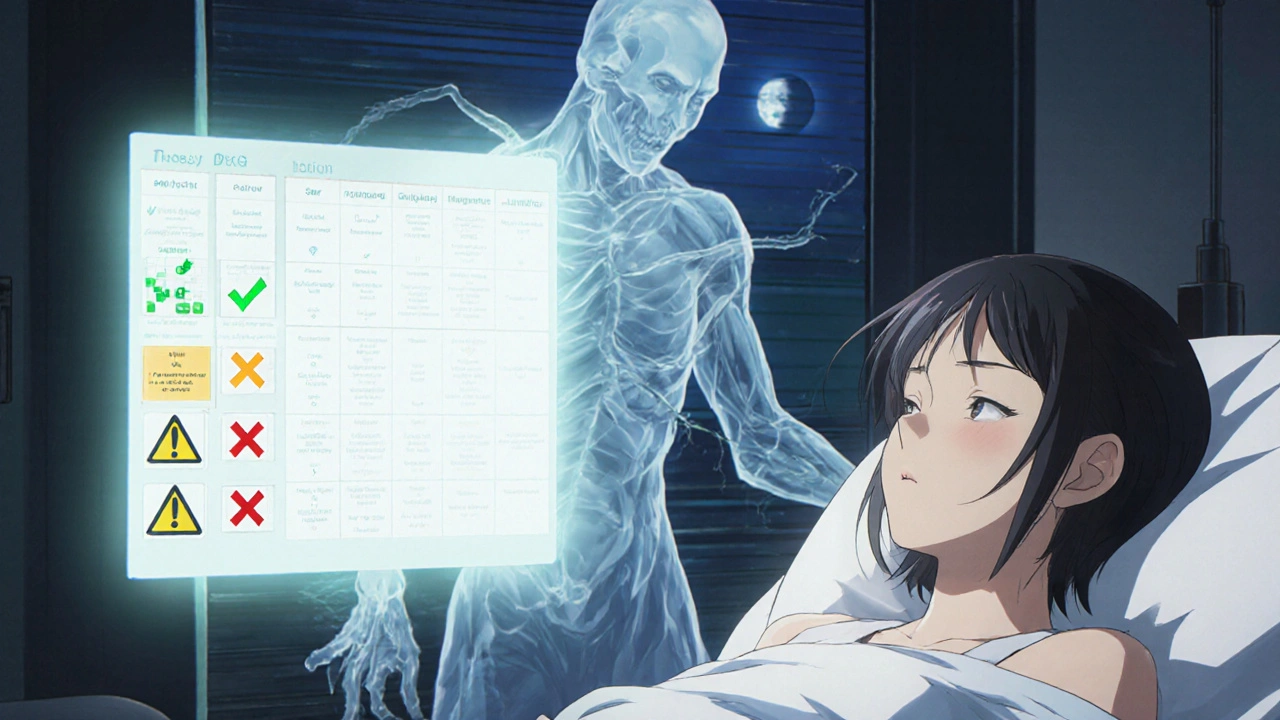 Woman with MG in hospital, floating antibiotic safety chart, ghostly infection looming behind her.