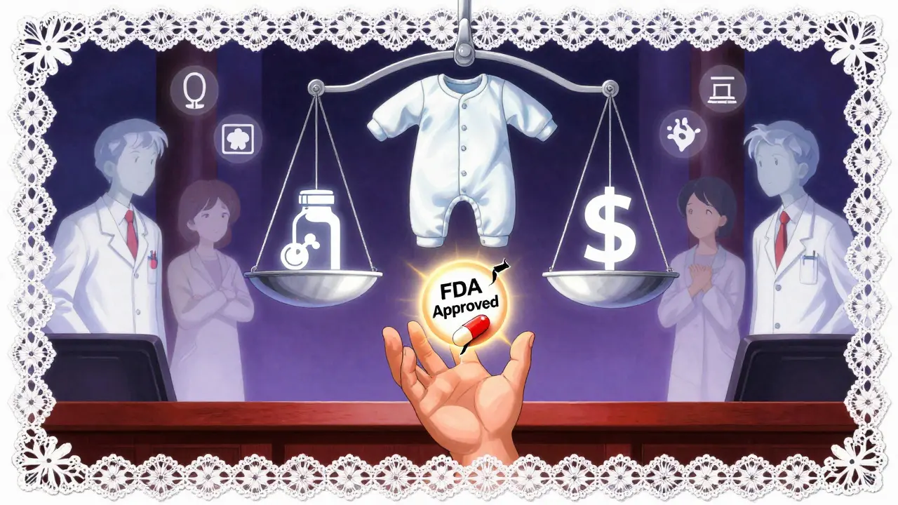 A child's hand reaches for a fractured pill as scales balance a onesie against a dollar sign.