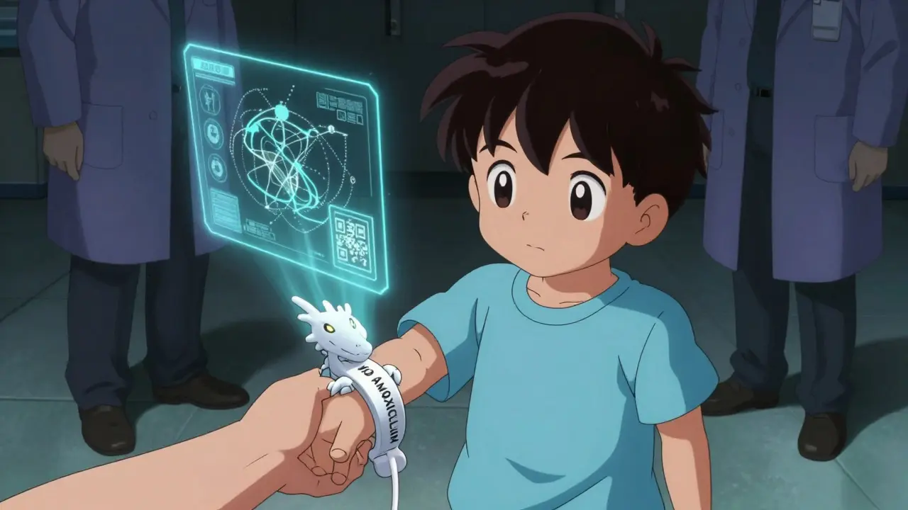 A child wearing a dragon-shaped silicone medical bracelet with visible engraved allergy info.