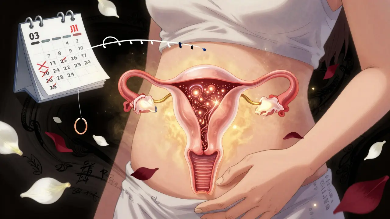 A close-up of a hand over a glowing uterus, showing copper ions and hormonal mist in delicate anime detail.