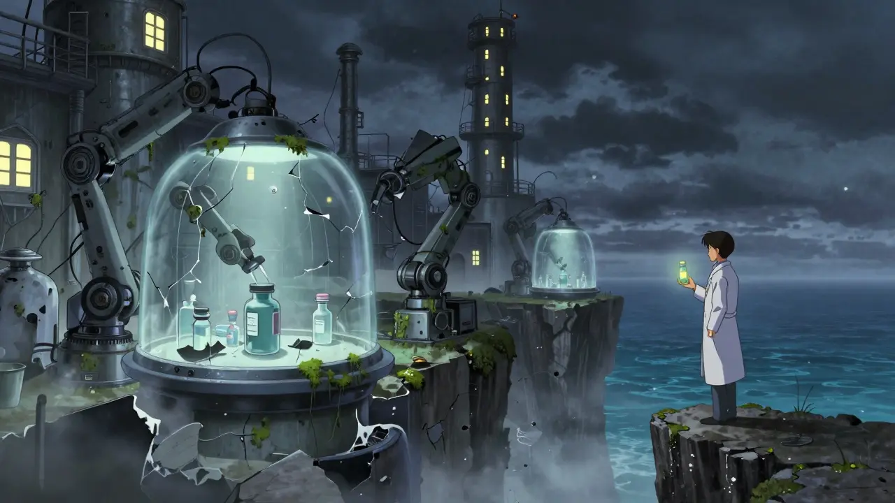 A crumbling overseas factory with broken vials, while a pharmacist stands on a cliff watching hospital lights go dark.