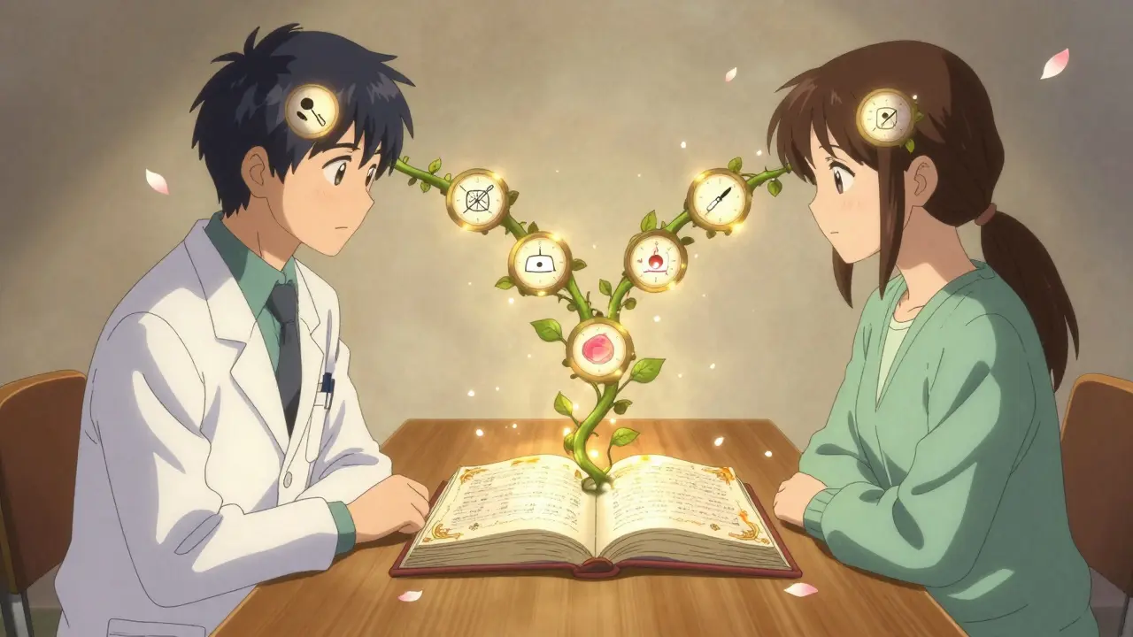 A doctor and patient connected by a glowing diary whose pages bloom into vines of medical data.