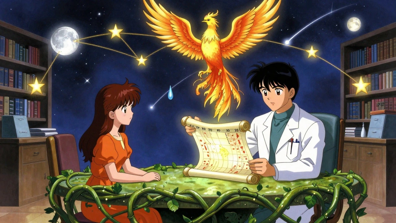 A doctor and patient reviewing a glowing scroll of symptom patterns, connected by golden threads to celestial symbols.
