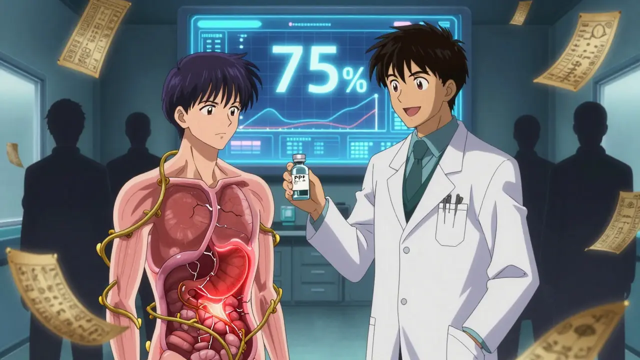 A doctor gives a patient a protective vial while a digital risk graph glows behind them, with golden vines shielding the body from internal bleeding.