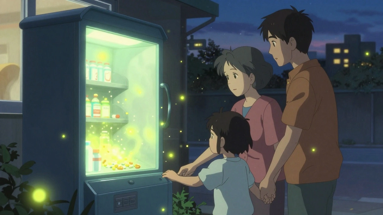 A family stands beside a glowing drug disposal kiosk as pills turn into fireflies, dusk lighting their faces in soft bioluminescent mist.
