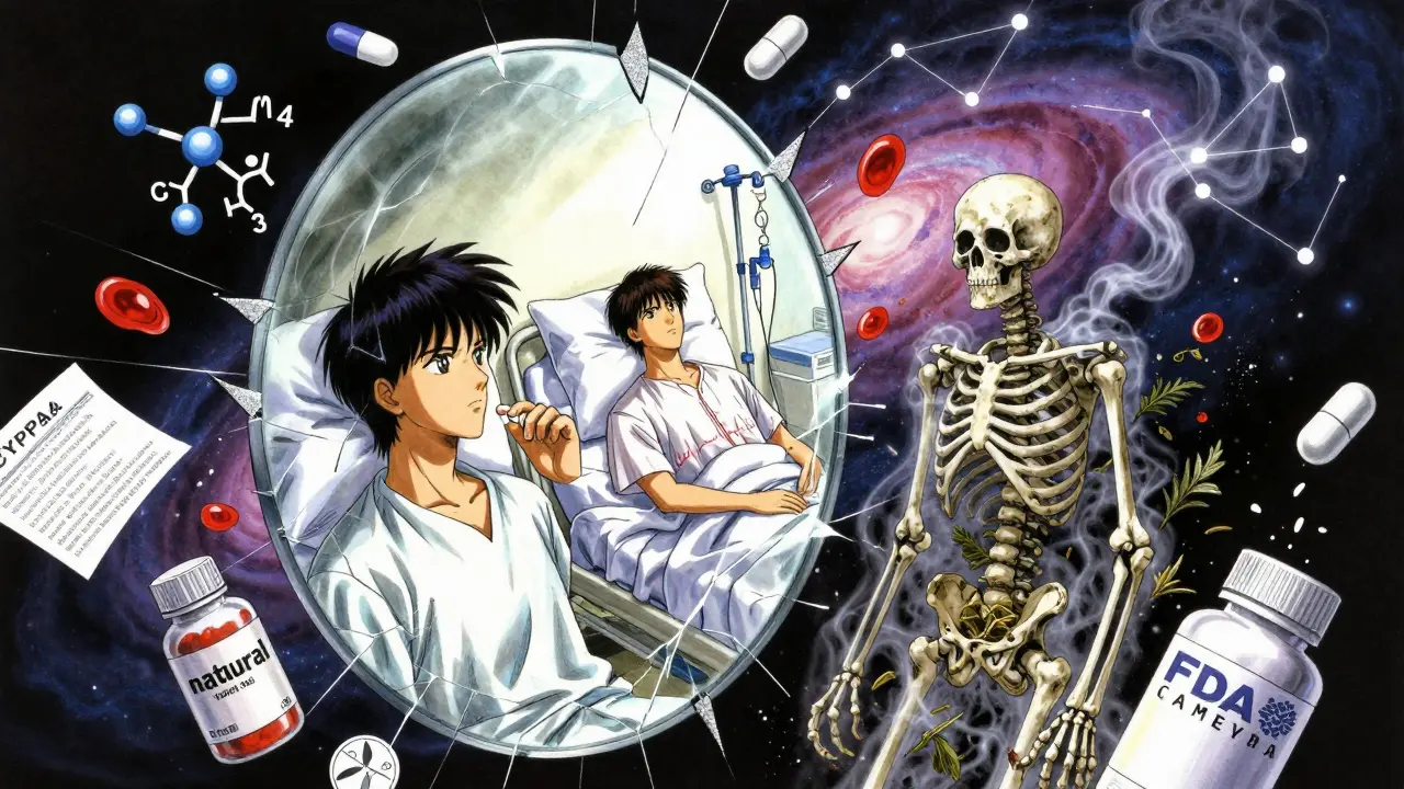 A fractured mirror shows three fates of someone taking herbal supplements with medications.