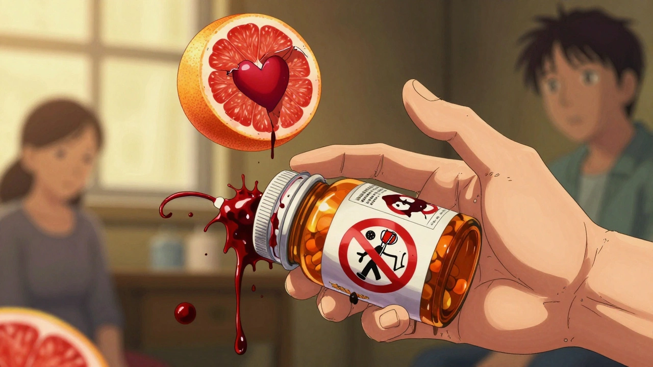 A hand reaching for a pill bottle surrounded by surreal warning symbols like melting alcohol signs and a cracked grapefruit revealing a heart.