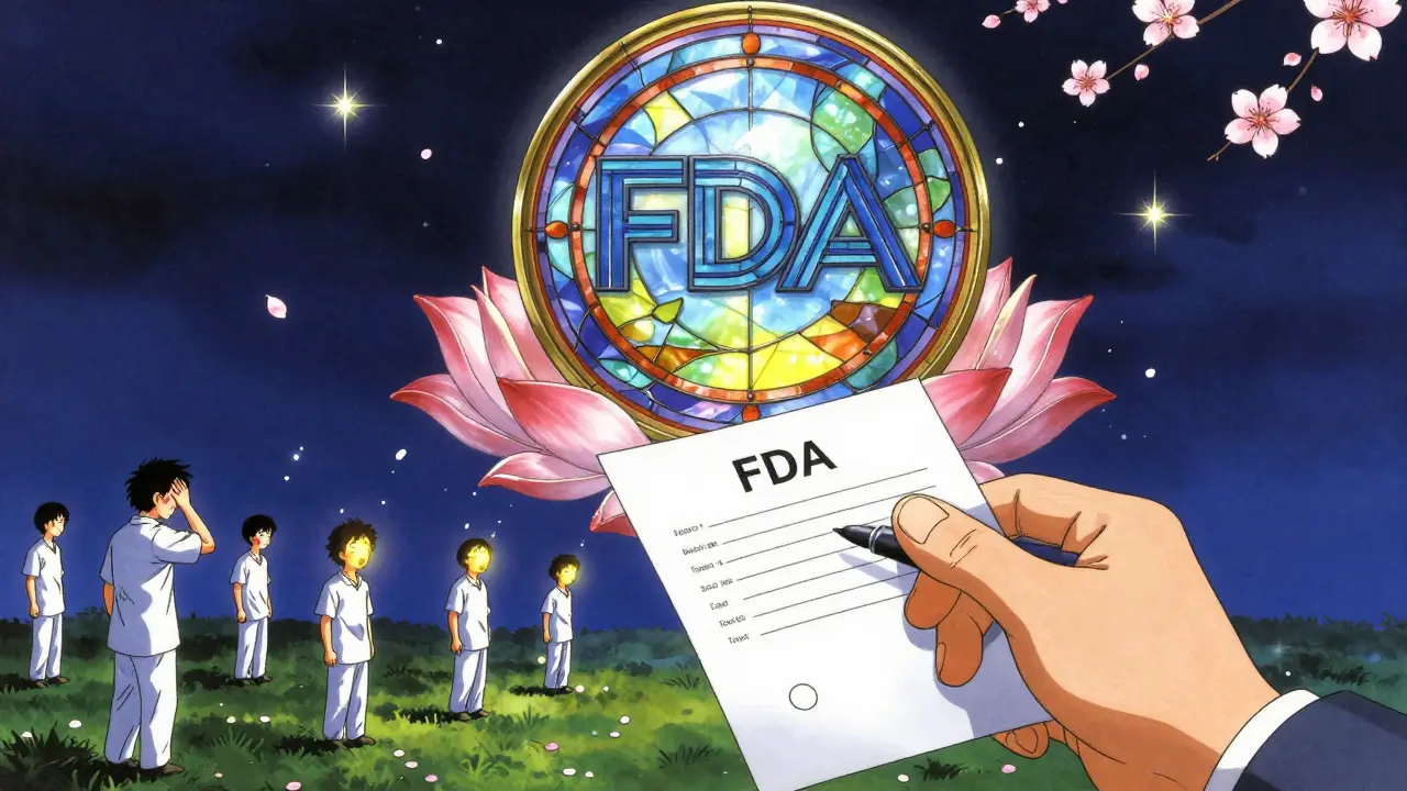 A hand submits a report to a glowing FDA seal as patient spirits rise with their symptoms.