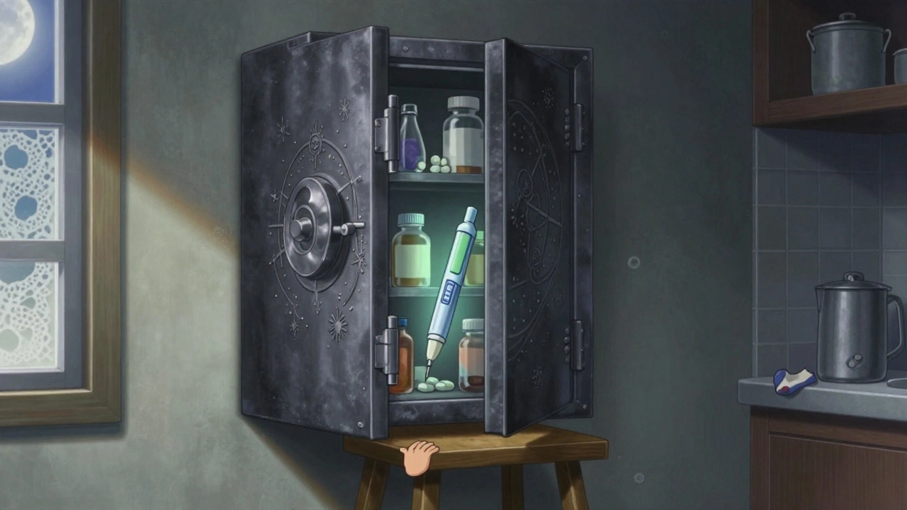 A locked medicine safe on a kitchen wall glows with celestial engravings, a child’s stool beneath it, moonlight casting delicate shadows.