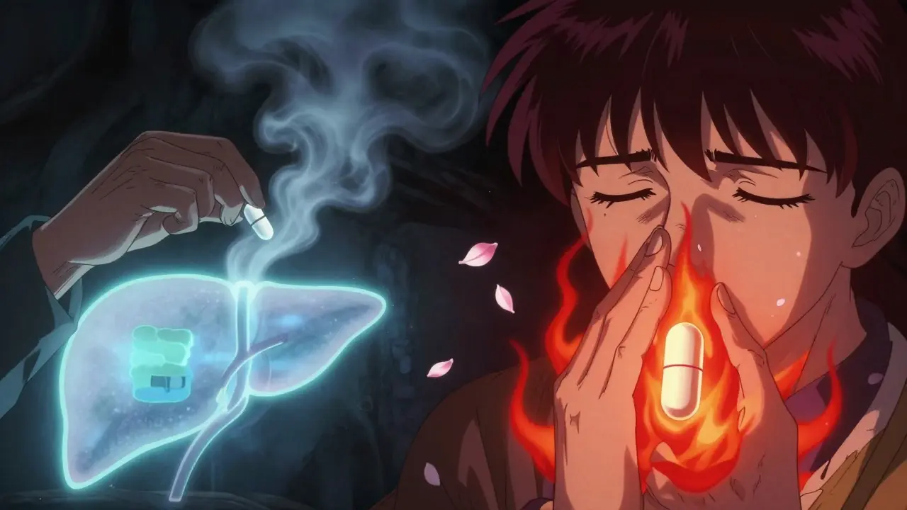 A loratadine tablet transforms into mist while desloratadine becomes a radiant flame calming allergy symptoms.