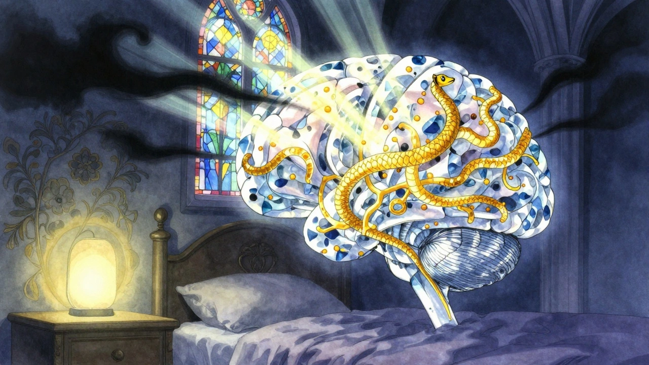 A luminous brain shaped like a cathedral, with sunlight activating golden neural pathways while dark shadows retreat.