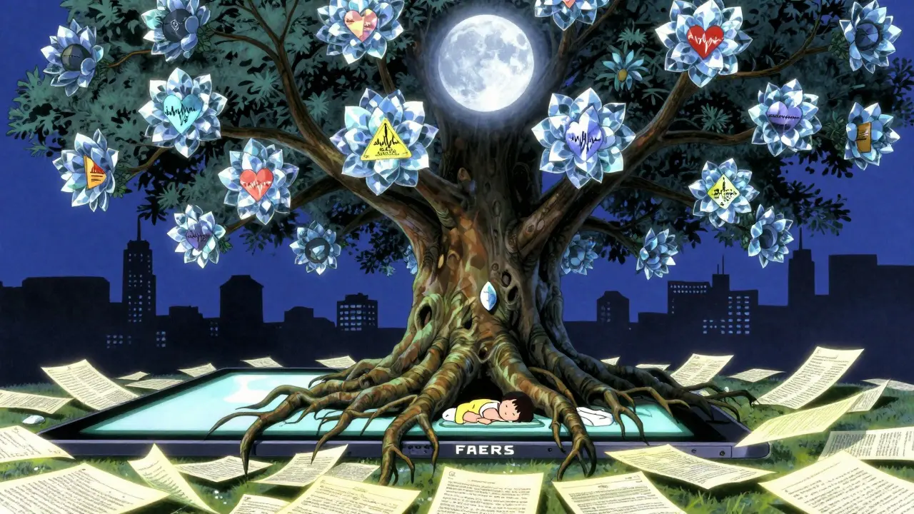 A magical tree grows from a tablet, rooted in reports and blooming with warning-label flowers under a guardian moon.