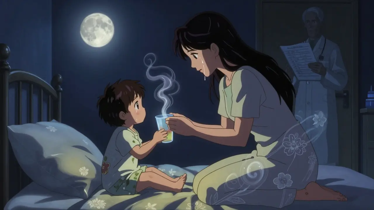 A mother holds medication at night as spectral ingredients swirl around the cup in moonlight.