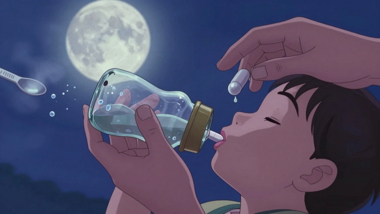 A parent helps a child swallow a tablet with a water bottle, while liquid medicine fades into mist.