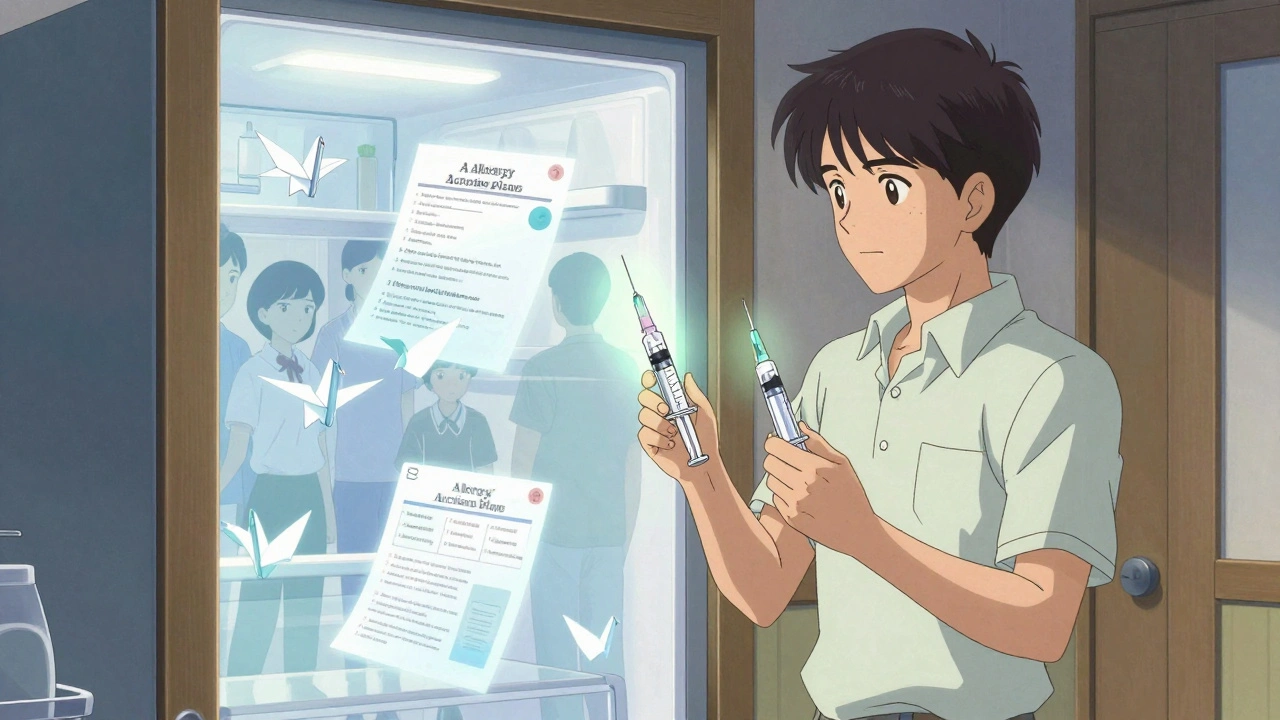 A parent holding two epinephrine injectors as floating allergy plans and silhouettes of caregivers surround them in soft light.