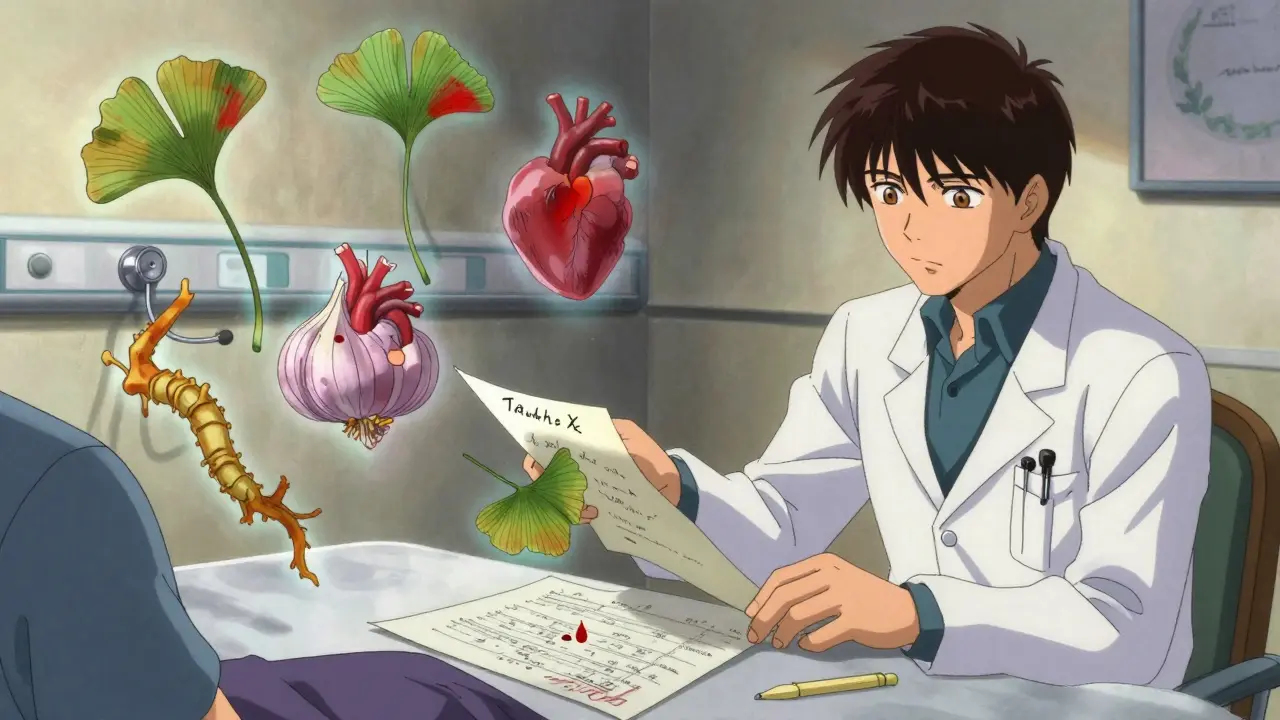 A patient gives a list of herbs to a distracted doctor, surrounded by floating dangerous plants.