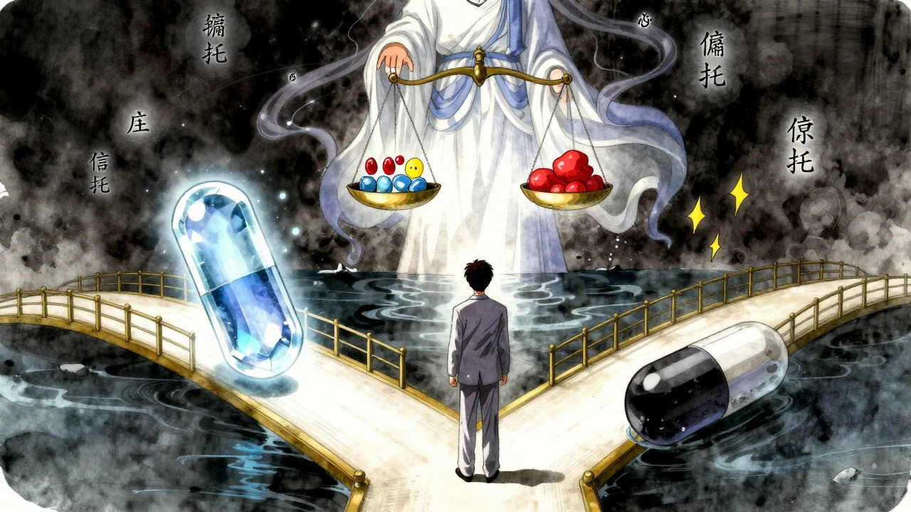 A patient stands at a crossroads between a glowing brand pill and a dark generic pill, celestial scales above.